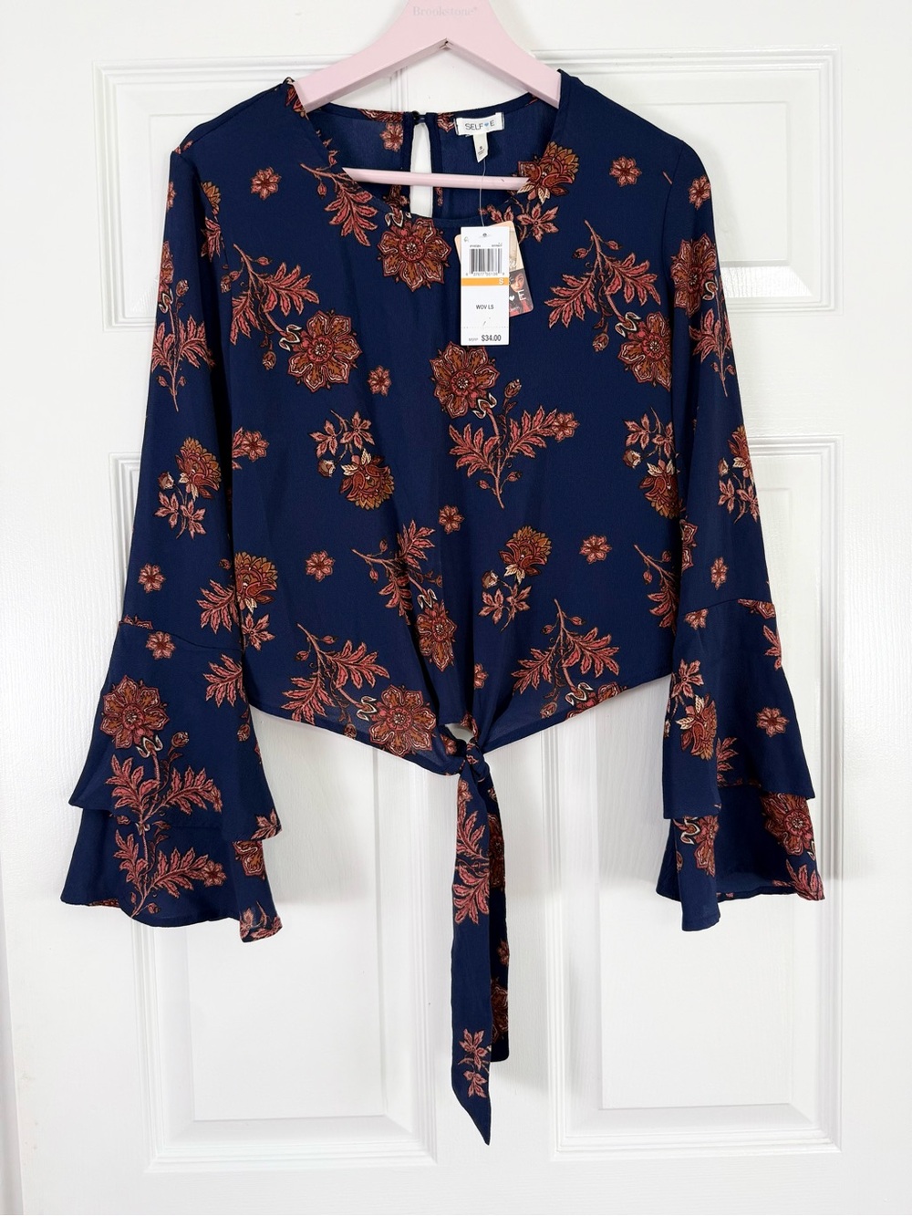 Self-E Navy Floral Tie-Front Blouse Size Small